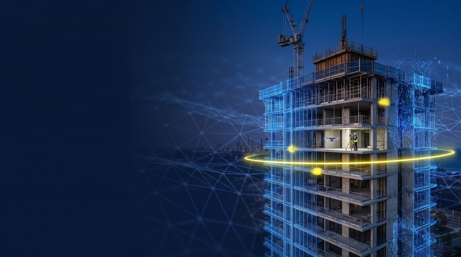 Tower under construction overlaid with a blue scan mesh and yellow scan ring
