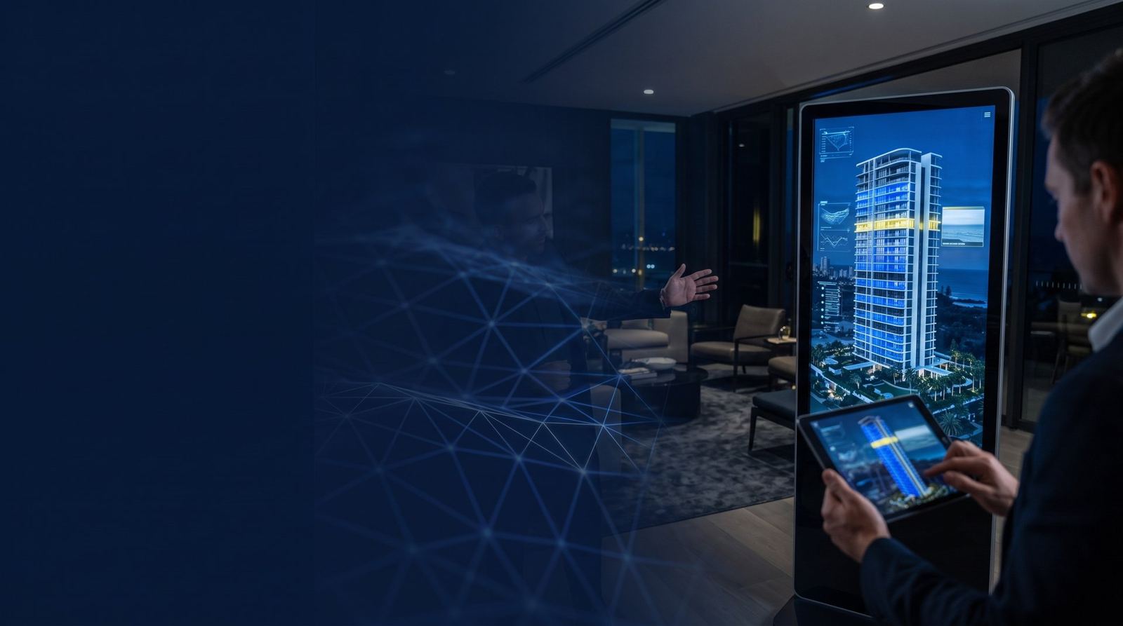 Buyer exploring a 3D tower on a large touchscreen