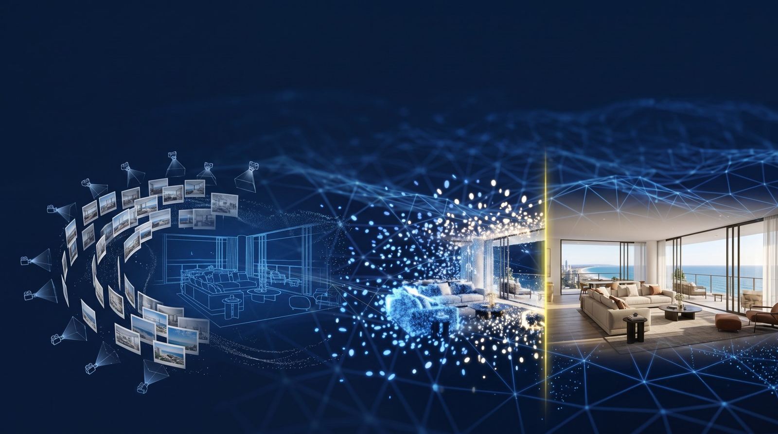 Photos and camera positions converging into a cloud of soft 3D points that resolves into a photoreal apartment interior