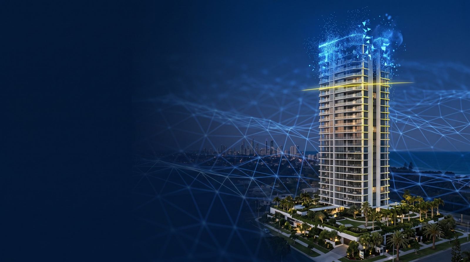 Gold Coast residential tower at dusk, its crown dissolving into a blue point cloud with a yellow scan line