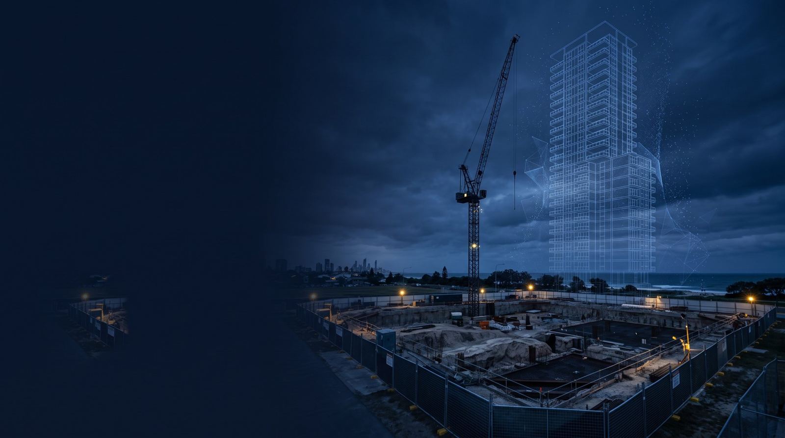 Night construction site with a tower crane and a wireframe of the unbuilt tower