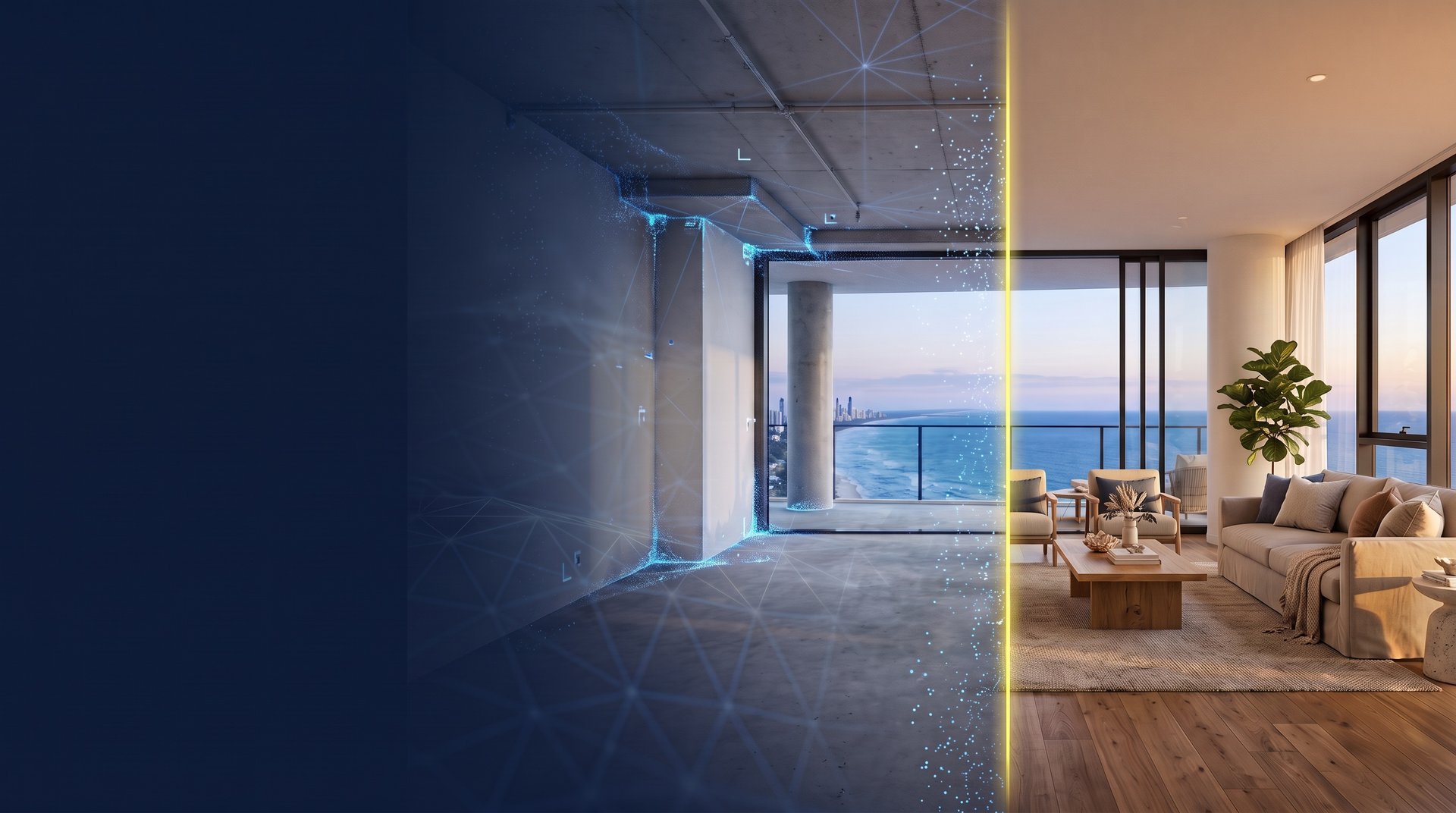 The same apartment shown as a bare concrete shell on the left and fully furnished on the right, split by a yellow line, looking out over the Gold Coast coastline