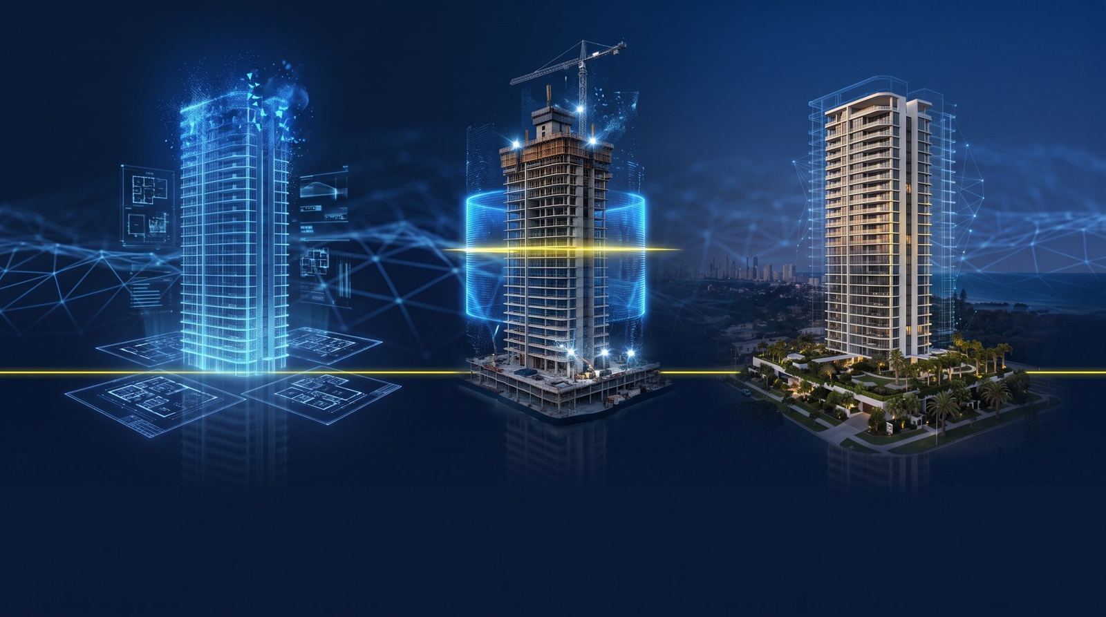 The same tower shown three ways: as a design model, as a construction scan, and as a finished digital twin